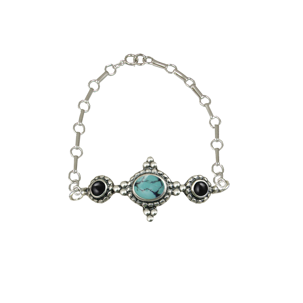 Sterling Silver Gemstone Adjustable Chain Bracelet With Chinese Turquoise And Black Onyx